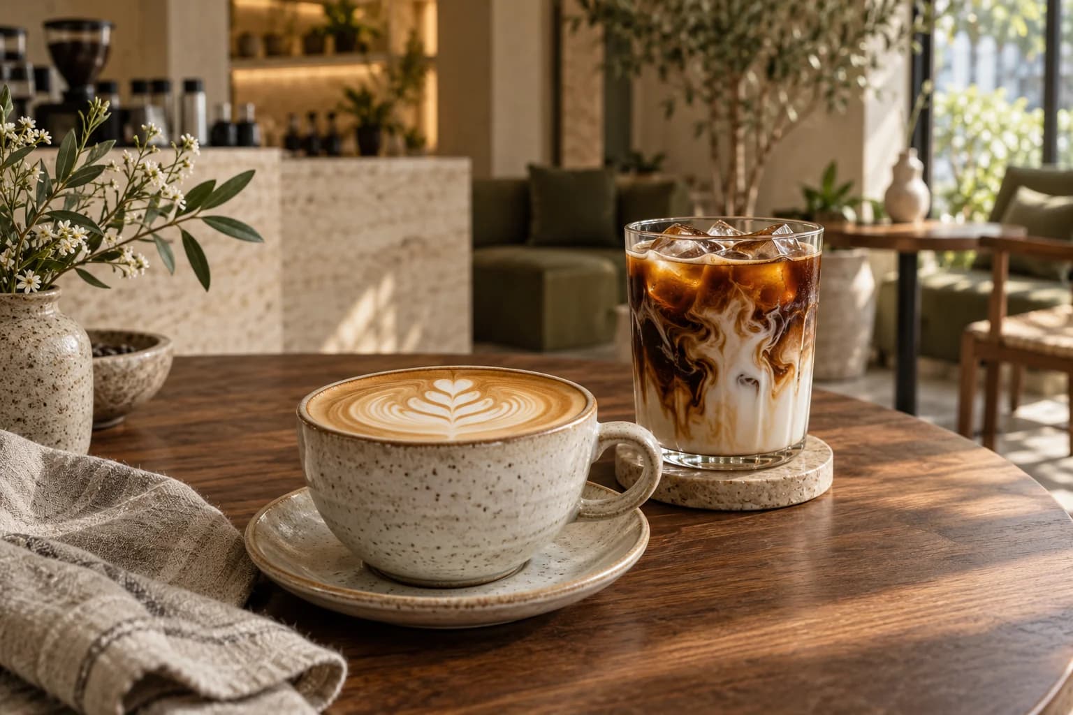 ลาเต้และกาแฟโคลด์บรูว์บนโต๊ะไม้